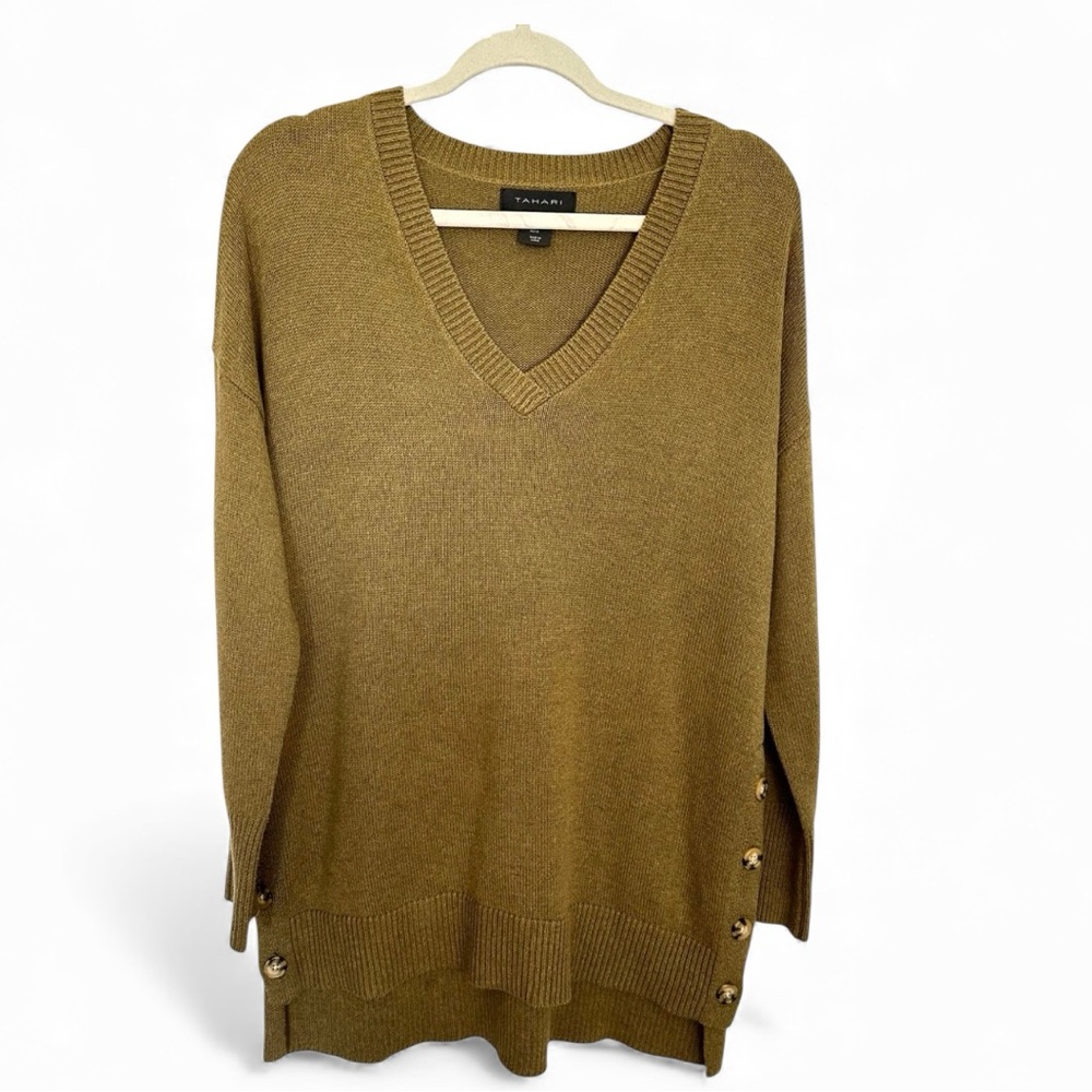 Tahari Cozy Olive Brown V-Neck Sweater Tunic with Side Buttons | Medium